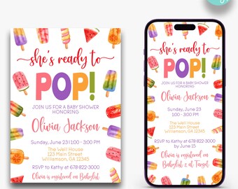 Puede incluir: Una invitación digital imprimible para un baby shower con un tema de paletas de hielo de acuarela. La invitación dice "¡Ella está lista para POP!" e incluye el nombre Olivia Jackson, la fecha, la hora y la ubicación del evento. La invitación también incluye información de RSVP y dónde encontrar el registro.