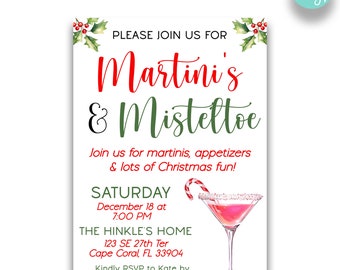REDIGERBAR Inbjudan till julfest med martini och mistel | Inbjudan till julcocktailparty | Utskrivbar inbjudan till julfest