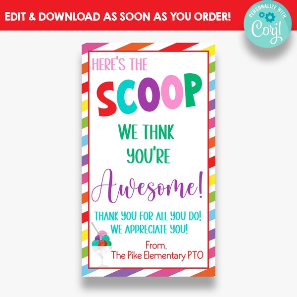 EDITABLE Here's the Scoop Rectangle Ice Cream Appreciation Tags | Ice Cream Thank You Treat Tags | Printable Gift Tags