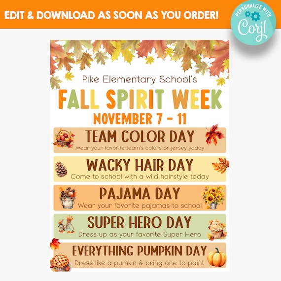 EDITABLE Fall Spirit Week Flyer | School Spirit Week Flyer for Fall | Work Spirit Week Flyer | Thanksgiving Themed Spirit Week Flyer - Etsy EDITABLE Fall Spirit Week Flyer | School Spirit Week Flyer for Fall | Work Spirit Week Flyer | Thanksgiving Themed Spirit Week Flyer - Etsy