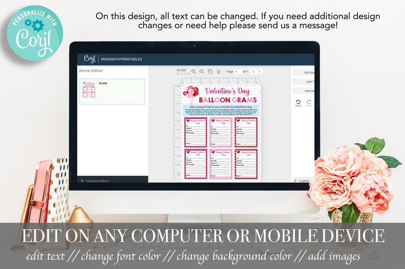 May include: A computer screen displaying a printable Valentine's Day balloon gram template. The template features a pink and red color scheme with a heart design. The text on the screen reads "Valentine's Day Balloon Grams".