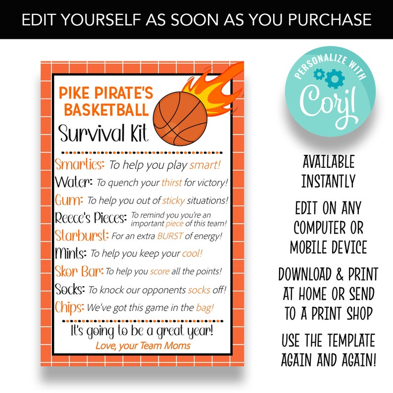 EDITABLE Basketball Team Survival Kit Cards Basketball Team Etsy