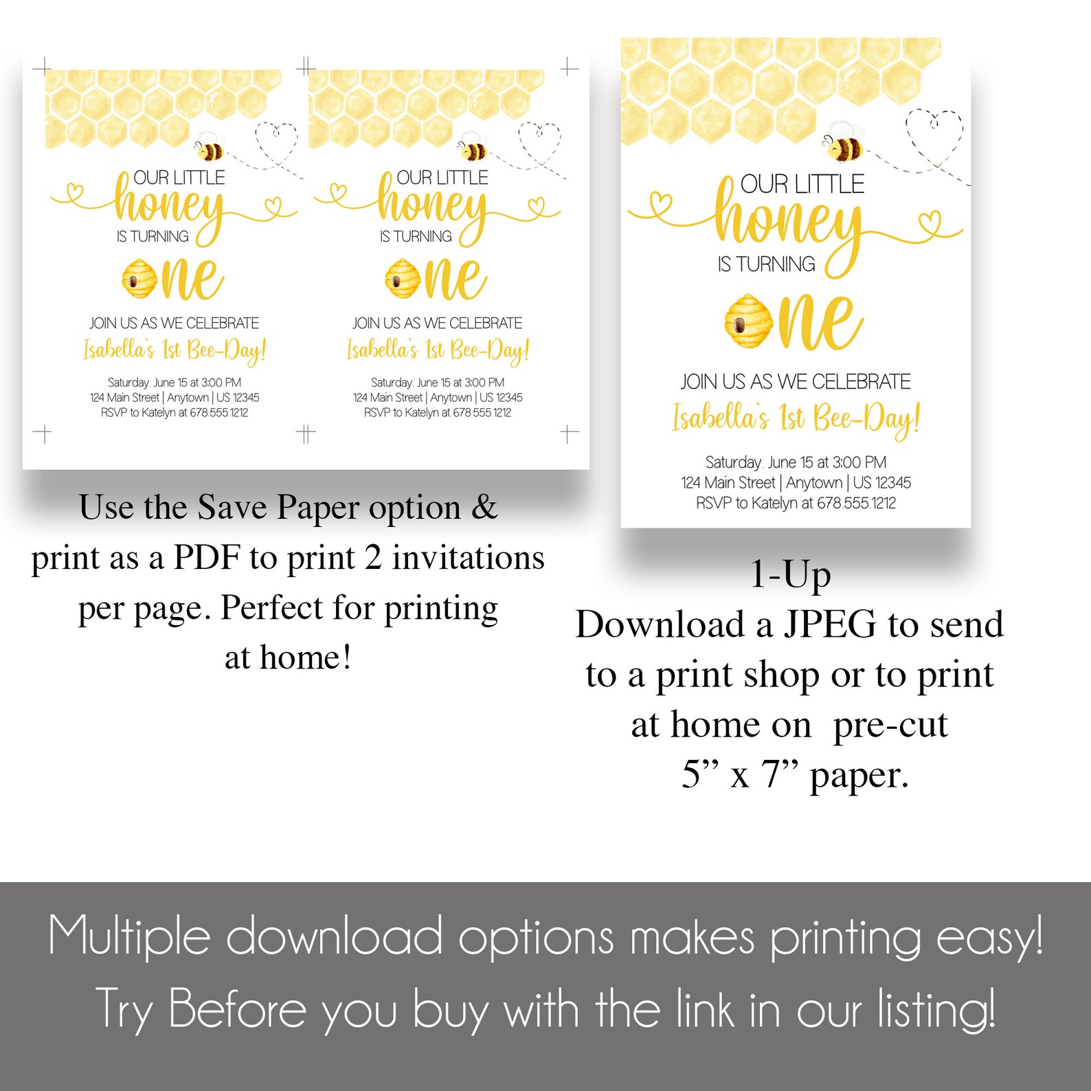 Editable Honey Bee 1st Birthday Party Invitation | Printable Bumble Bee ...