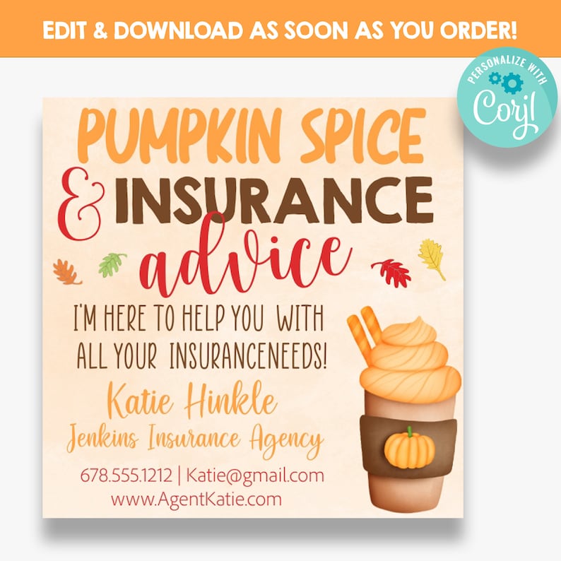 Fall Insurance Ad EDITABLE Pumpkin Spice & Insurance Advice Gift Tag | Fall Insurance ...