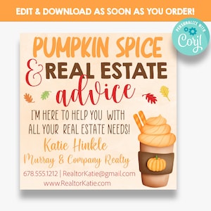 EDITABLE Pumpkin Spice & Real Estate Advice Gift Tag | Fall Real Estate Agent Client Treat Tags | Halloween Gift Tags