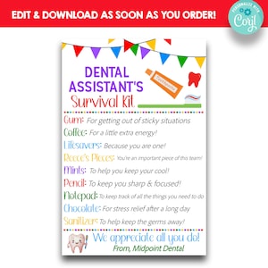 Etiquetas para presentes EDITÁVEIS do kit de sobrevivência do assistente dental | Tag do deleite da semana da apreciação do assistente dental | Etiqueta de agradecimento para assistente dentário para impressão