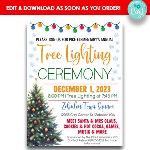 May include: A festive invitation for a tree lighting ceremony at Zebulon Town Square on December 1, 2023. The invitation features a Christmas tree with colorful ornaments, snowflakes, and a string of lights. It also mentions meeting Santa and Mrs. Claus, cookies and hot cocoa, games, music, and more.