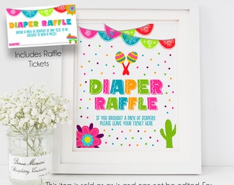 May include: A printable sign for a diaper raffle with a colorful Mexican fiesta theme. The sign says "Diaper Raffle" with maracas and a cactus. It also says "If you brought a pack of diapers please leave your ticket here".
