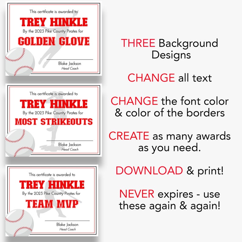 EDITABLE Baseball Award Certificates Printable Baseball Etsy