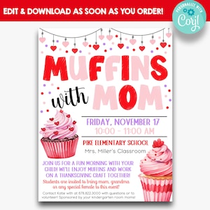 EDITABLE Valentine&#39;s Day Themed Muffins with Mom Flyer | Muffins with Mom Invitation | Valentine Muffins With Mom | School Valentine Party