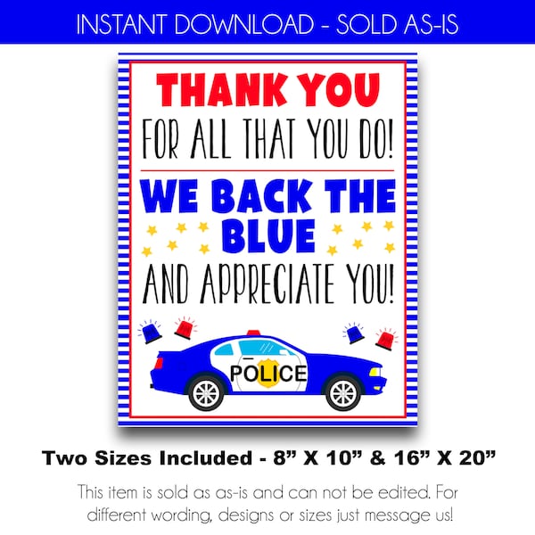 INSTANT DOWNLOAD | Thank You For All You Do Police Appreciation Sign | Police Appreciation Week Print | We Back the Blue Police Thank You