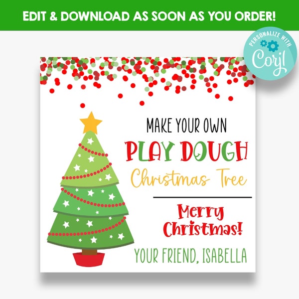 EDITABLE Make your Own Play Dough Christmas Tree Gift Tag | Kids Christmas Favor Tags | Printable Christmas Tree Tag | Editable Template