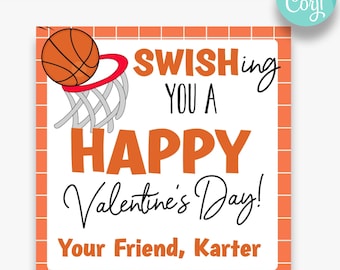 May include: A printable Valentine's Day card with a basketball going through a hoop. The card says "Swishing you a Happy Valentine's Day! Your Friend, Karter".