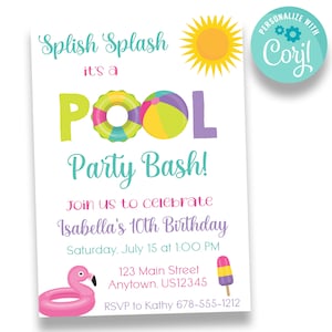Editable Splish Splash Pool Party Bash Invitation | Pool Party Birthday Invitation | Girl&#39;s Pool Party Printable Invitations | INV132