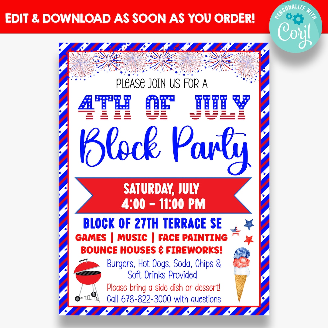 EDITABLE 4th of July Block Party Flyer | Independence Day Neighborhood ...