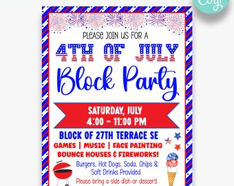 May include: A red, white, and blue 4th of July block party invitation with stars and fireworks. The invitation includes the date, time, location, and details about the event, such as games, music, face painting, bounce houses, and fireworks. It also mentions that burgers, hot dogs, soda, chips, and soft drinks will be provided. The invitation encourages guests to bring a side dish or dessert. The phone number for questions is 678-822-3000.