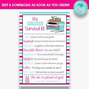 EDITABLE College Survival Kit Gift Tags | Printable Going Away to College Care Package Tags | Girls College Survival Kit Tag