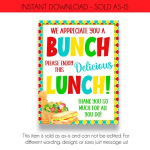 INSTANT DOWNLOAD | We Appreciate You a Bunch Appreciation Lunch Sign | Printable Staff Lunch Sign | Teacher Appreciation Lunch Print