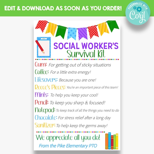 EDITABLE Social Workers Survival Kit Tag | Back to School Social Worker Gift Idea | Employee Appreciation Gift Tags | Printable Gift Tags