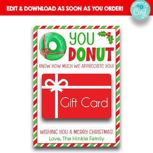 Porta-cartões de presente EDITÁVEL de rosquinha de Natal | Donut sabe o quanto nós apreciamos você porta-cartão-presente | Porta-cartão-presente para loja de donuts de Natal