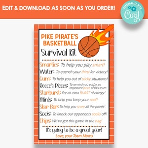 Editierbare Basketball Team Survival Kit Karten | Basketball Team Geschenk anhänger | Basketball Team Leckerli Vorlage | Druckbare Basketball Anhänger