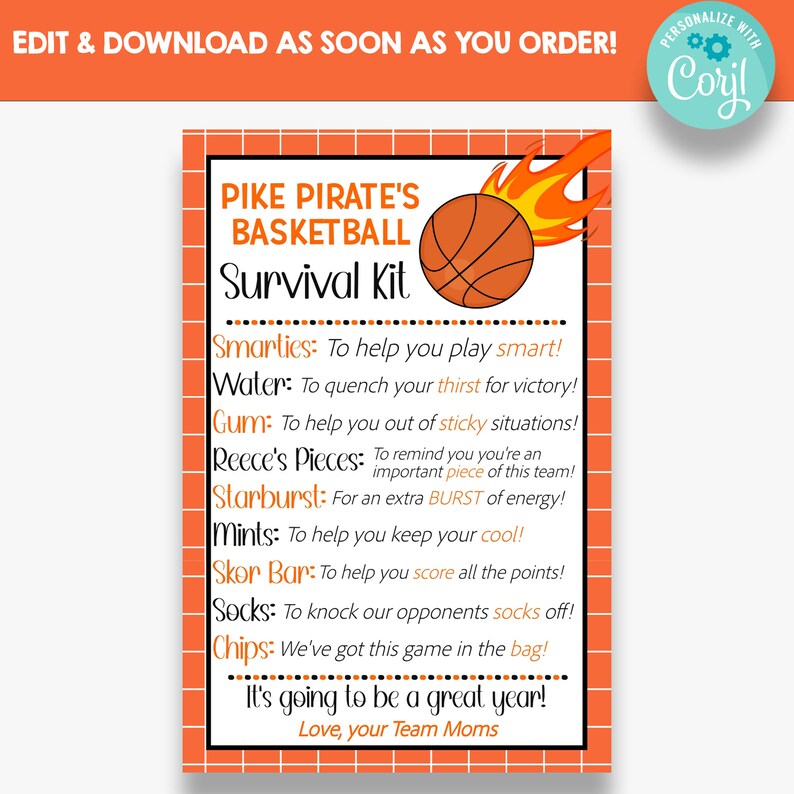 EDITABLE Basketball Team Survival Kit Cards Basketball Team Etsy