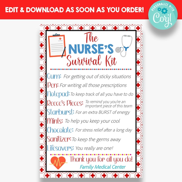 EDITABLE Nurse's Survival Kit Tag | Nurse Appreciation Gift Idea | Medical Survival Kit Gift Tags | Printable Nurse Gift Tag