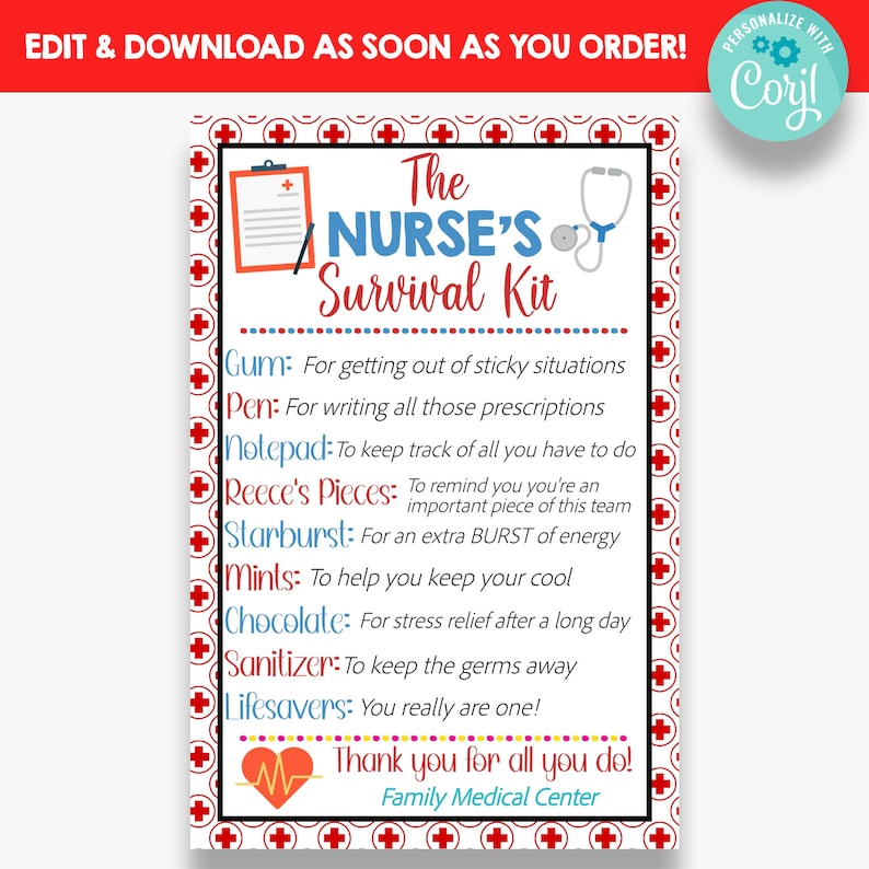 EDITABLE Nurse's Survival Kit Tag Nurse Appreciation - Etsy