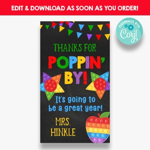 Editable Chalkboard Thanks for Popping By Back to School Tags | First Day of School Pop It Treat Bag Labels
