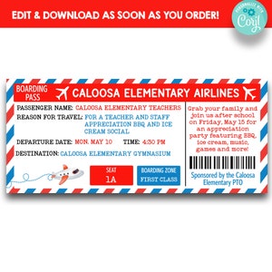 EDITIERBARE Bordkarte Ticket | Lehrer Wertschätzung Woche druckbare Bordkarte | Travel Themed Appreciation Week Tickets
