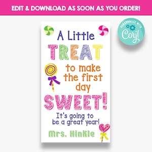 Étiquettes modifiables Sweet Treat Welcome Back to School | Étiquettes imprimables pour sacs de friandises pour le premier jour d'école