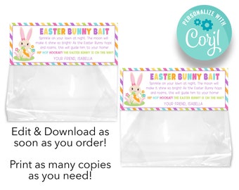 May include: Printable Easter Bunny Bait treat bag labels with a cute bunny illustration and the text "Easter Bunny Bait" and "Hip Hop Hooray! The Easter Bunny is on the way!"  The labels are designed to be personalized with the name "Cory".