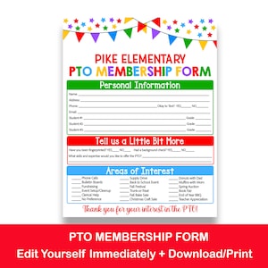 Editable PTO Membership Form | Printable PTA Sign-Up Sheet | Volunteer Sign Up Forms