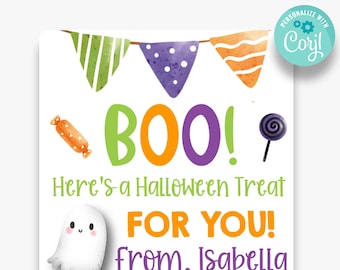 May include: Square Halloween sticker with the word "BOO!" in green and orange, and the text "Here's a Halloween Treat FOR YOU!" A ghost, candy, and lollipop are also featured. The sticker is personalized with the name Isabella.