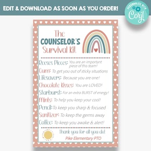 EDITABLE The Counselor&#39;s Survival Kit Tag | Therapist Thank You Gift Idea | Printable School Counselor Appreciation Gift Tags