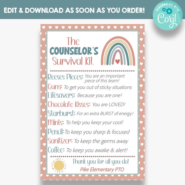 EDITABLE The Counselor's Survival Kit Tag | Therapist Thank You Gift Idea | Printable School Counselor Appreciation Gift Tags