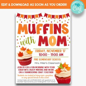 EDITABLE Thanksgiving Themed Muffins with Mom Flyer | Muffins with Mom Invitation | Fall Muffins With Mom | School Thanksgiving Party