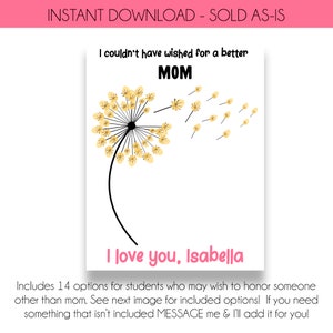 INSTANT DOWNLOAD | I Couldn&#39;t Have Wished for a Better Mom Mother&#39;s Day Craft for Kids | Includes 14 Name Options | Mother&#39;s Day Gift