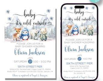 May include: A blue and white baby shower invitation with a winter theme. The invitation features a penguin, a polar bear, and a deer in a snowy mountain landscape. The text reads "baby it's cold outside" and includes the name "Olivia Jackson" and the date "January 27th".