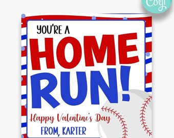 EDITABLE Baseball Valentine's Day Gift Tags | Home Run Happy Valentine's Day Kid's Favor Tags | Printable Valentine Labels