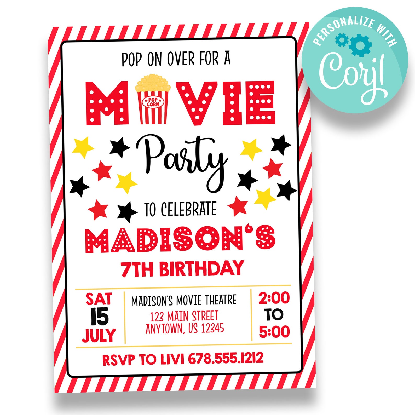 Editable Movie Birthday Party Invitation | Pop Over for a Movie Party ...