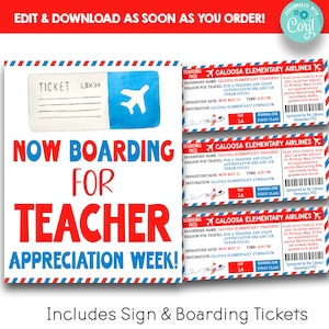 EDITIERBAR Jetzt Boarding Lehrer Wertschätzung Woche Schild mit Boarding Tickets | Druckbares Reise-Thema Lehrer Dankeschön Schild & Bordkarte