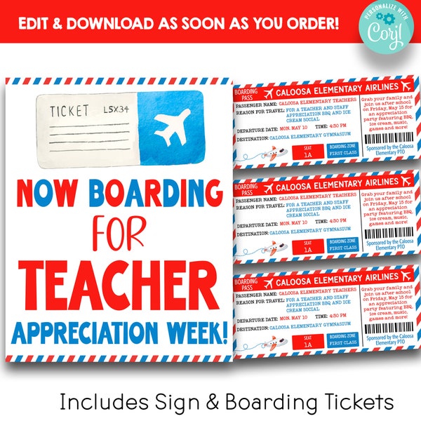 EDITABLE Now Boarding Teacher Appreciation Week Sign with Boarding Tickets | Printable Travel Themed Teacher Thank You Sign & Boarding Pass