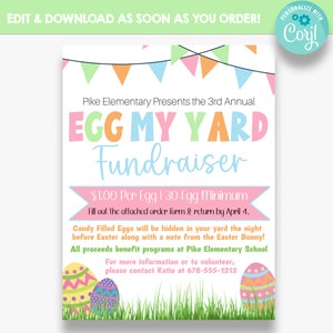 BEWERKBARE Egg My Yard Fundraiser Flyer met bonusbestelformulier | Paasei-inzamelingsactie | PTO voorjaarsinzamelingsactie | Kerk Pasen Fondsenwerving