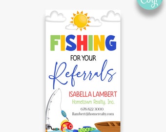 May include: A colorful fishing-themed business card with a cartoon sun, clouds, and a fishing rod with a fish on the hook. The text reads "Fishing for your Referrals" with the name "Isabella Lambert" and contact information below.