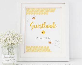 Descarga instantánea Honey Bee Libro de visitas imprimible / Baby Shower Guestbook Sign / Bumble Bee Baby Shower Sign / Signo de invitado imprimible / PS126