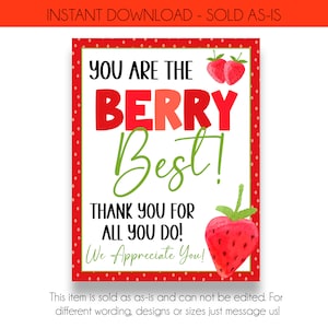SOFORTIGER DOWNLOAD | Wir denken, du bist das Beere Best Appreciation Sign | Erdbeer Wertschätzung Printable | Wertschätzung durch Lehrer oder Mitarbeiter