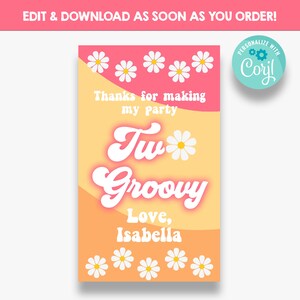 Editable Two Groovy Birthday Party Thank You Tags | Groovy Themed Second Birthday Party Favor Tags