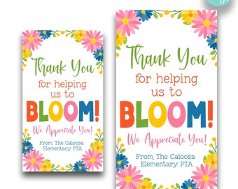 Etichette regalo modificabili &quot;Grazie per averci aiutato a Bloom Teacher Appreciation&quot; / Etichette regalo floreali primaverili per insegnanti / Etichetta regalo floreale / Stampabile