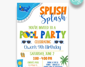 EDITABLE Splish Splash es una invitación de fiesta de cumpleaños de fiesta en la piscina / Invitación de fiesta en la piscina para niños / Invitaciones de cumpleaños de verano imprimibles